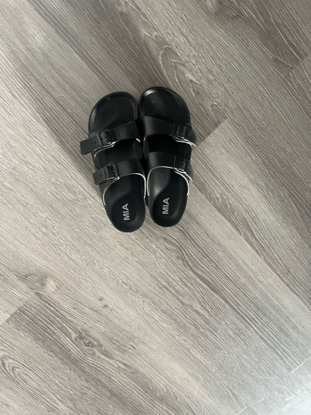 MIA Womens Black Double-Strap Buckle Slide Sandals